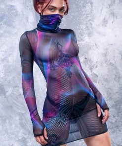 BADINKA Synth Wave Mesh High Neck Dress