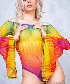 BADINKA Rainbow Flame Bell Sleeve Mesh Bodysuit NEW
