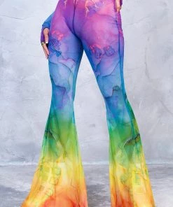 BADINKA NEW Rainbow Marble Bell Bottom Mesh Pants