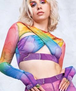 Cheap BADINKA Store 30 BADINKA Rainbow Marble Sleeved Crossed Mesh Top