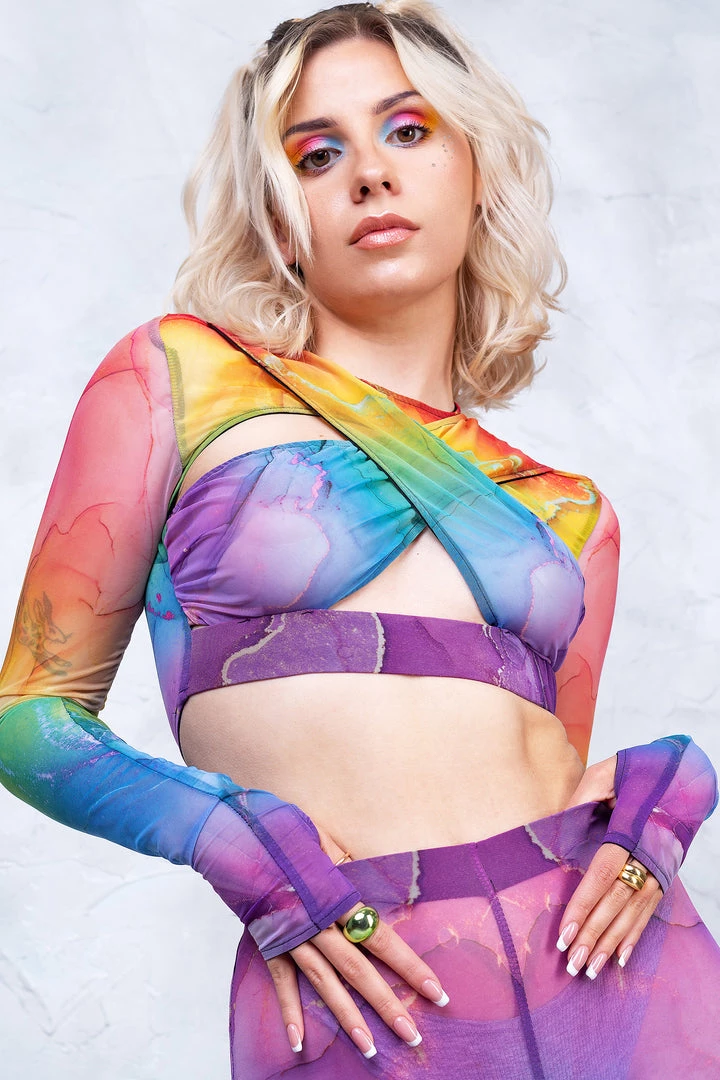 BADINKA Rainbow Marble Sleeved Crossed Mesh Top 3 BADINKA Rainbow Marble Sleeved Crossed Mesh Top