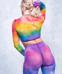 BADINKA Rainbow Marble Sleeved Crossed Mesh Top