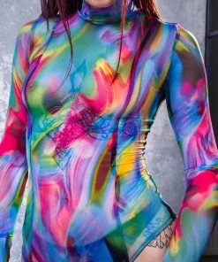 BADINKA Liquid Abstract Mesh Framed Bodysuit RAVE GEAR