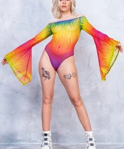 BADINKA Rainbow Flame Bell Sleeve Mesh Bodysuit NEW