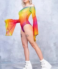 BADINKA Rainbow Flame Bell Sleeve Mesh Bodysuit NEW